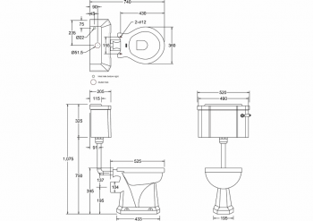 Low-level pan with standard lever cistern and low-level flush pipe kit